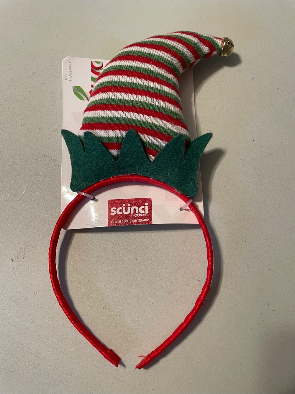 scunci Red, Green & White Striped Elf Hat Headband with Bell